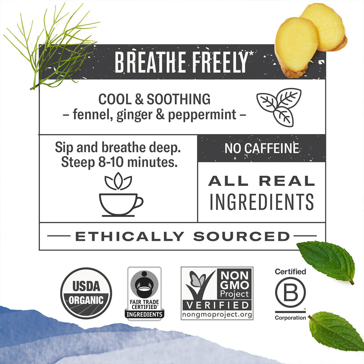 Infographic about Congest Away: steep 8-10 minutes, caffeine free, all real ingredients, ethically sourced