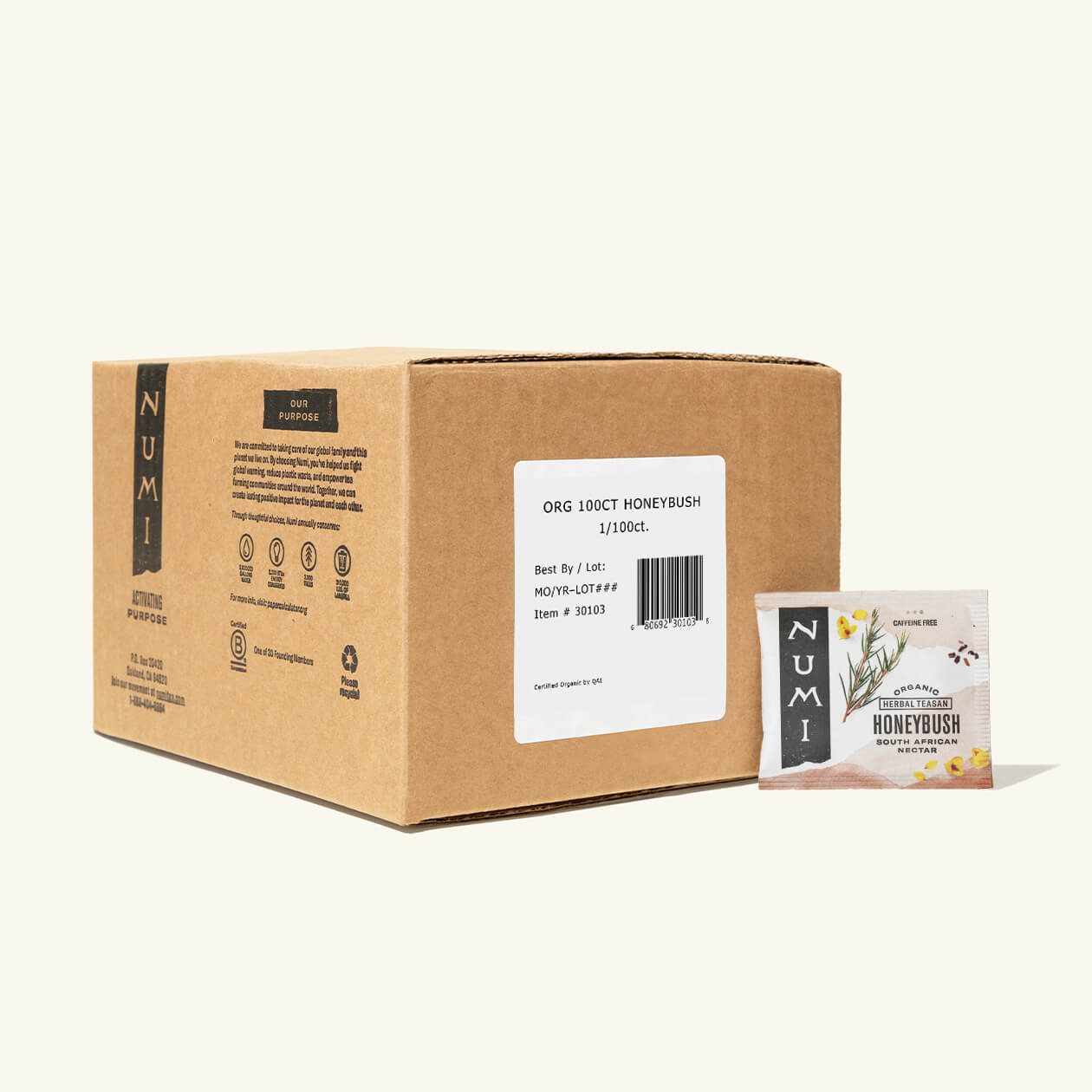 The 100 count box of Numi Honeybush tea bags on a cream background
