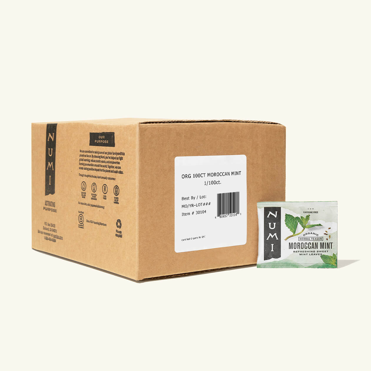 The 100 count box of Numi Moroccan Mint tea bags on a cream background